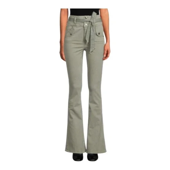 Veronica Beard GISELLE Flare Jeans Sea Foam Green Extra High Rise Belted Size 28